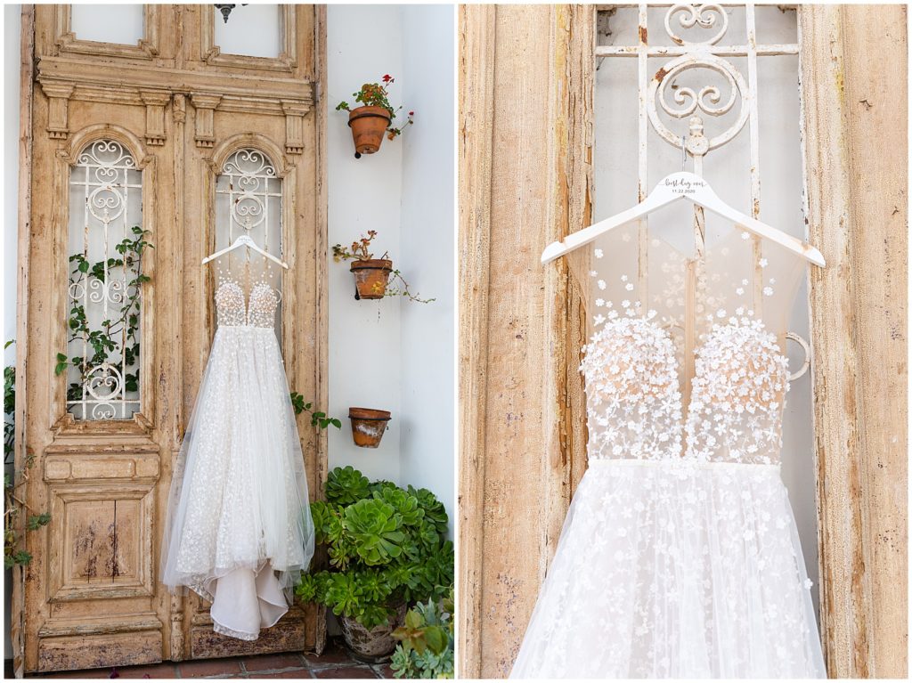 Wedding dress with custom hanger at La Ventura Wedding venue