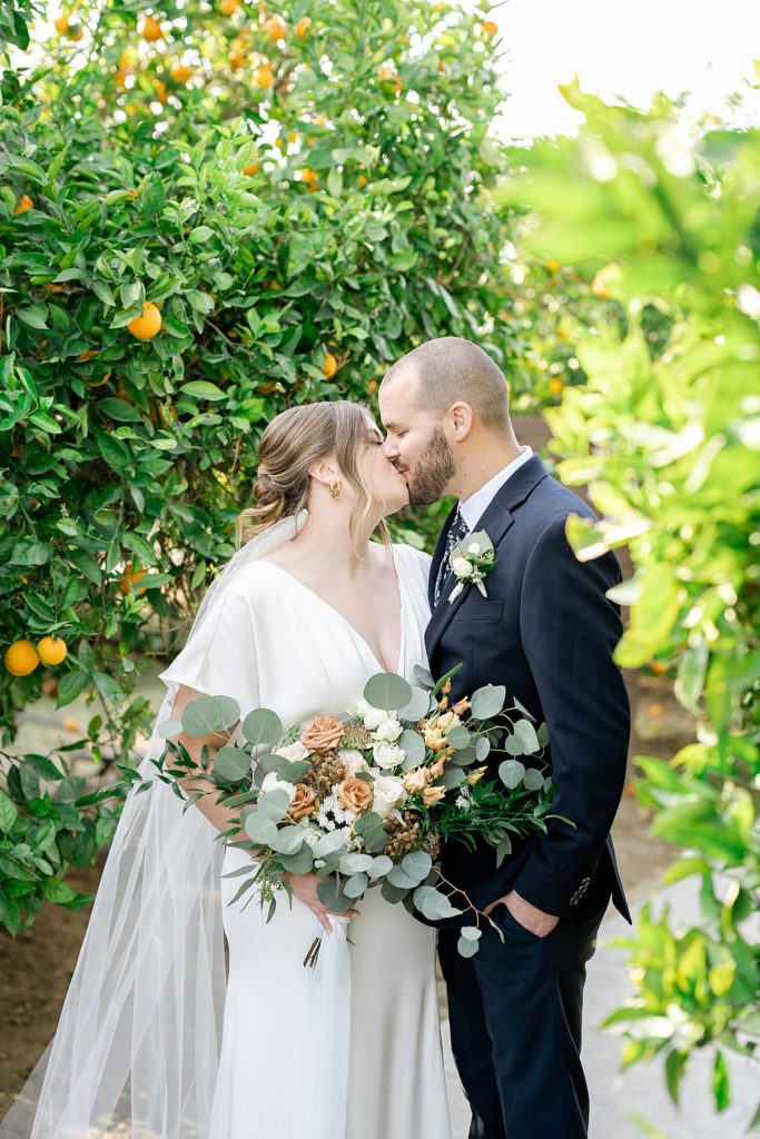 Bride and groom in orange trees